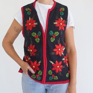 Vintage White Stag Black Embroidered Poinsettia Holiday Zip Vest Grandmacore M